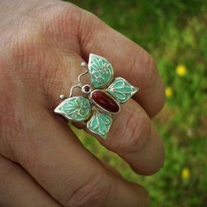 Butterfly ring in aqua, red agate, garnet sz 7 1/2